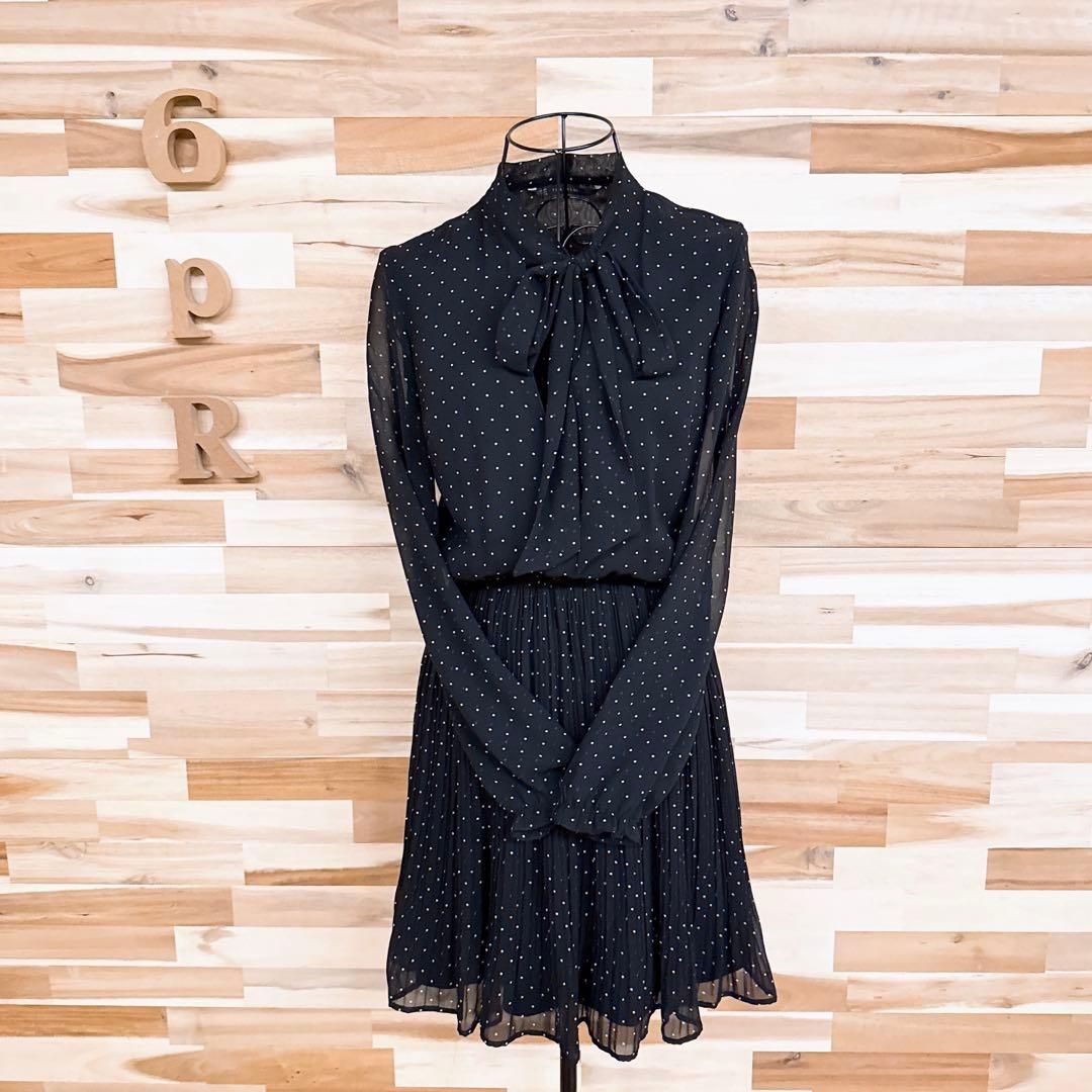  ザラ タイ付き 透け感シアー ドット柄 プリーツ ワンピース XS 黒×白 長袖 七分袖 ひざ丈ワンピース