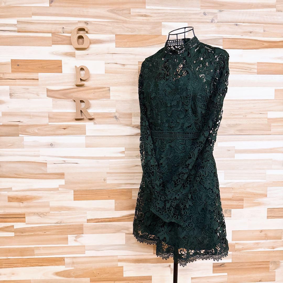 ザラ 透け感シアー 花柄フラワー ボタニカル 総レース ワンピース XS 緑