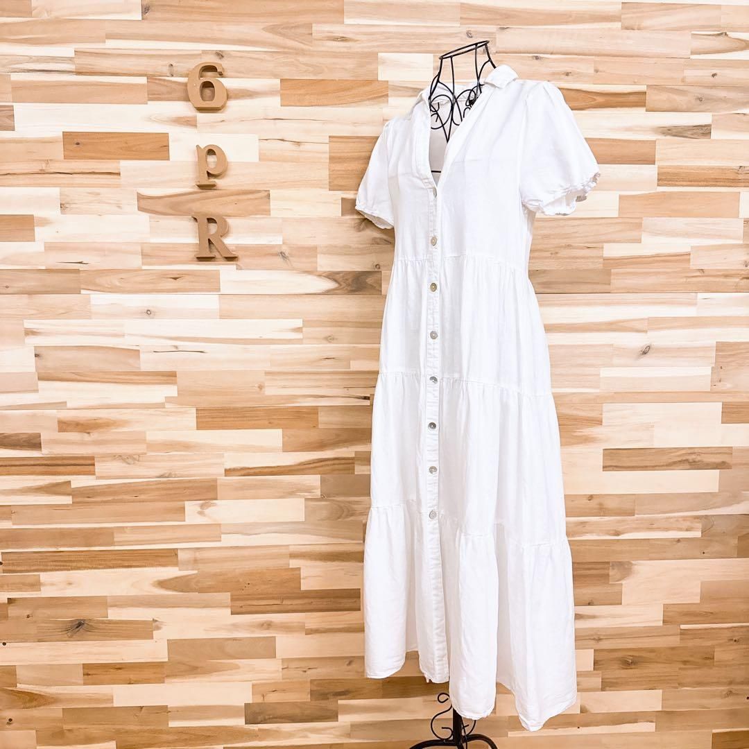ザラ リネン×コットン ブレンド ティアード ロング ワンピース XS 白