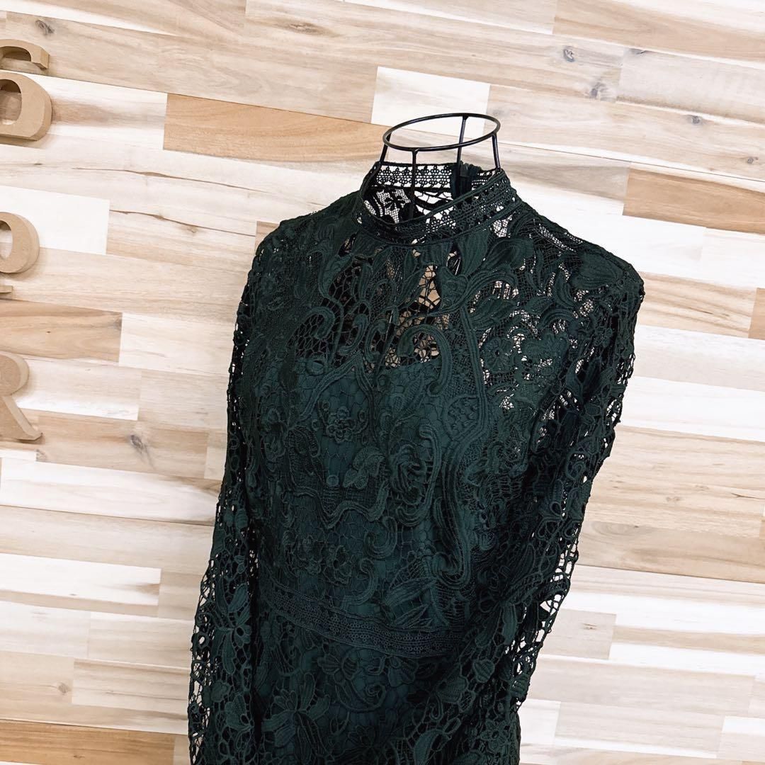 ザラ 透け感シアー 花柄フラワー ボタニカル 総レース ワンピース XS 緑