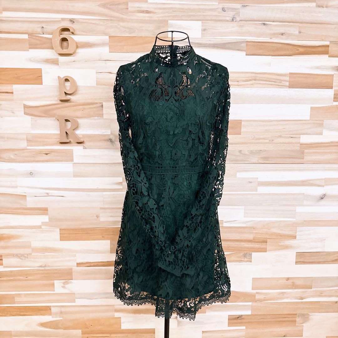  ザラ 透け感シアー 花柄フラワー ボタニカル 総レース ワンピース XS 緑 長袖 七分袖 ひざ丈ワンピース