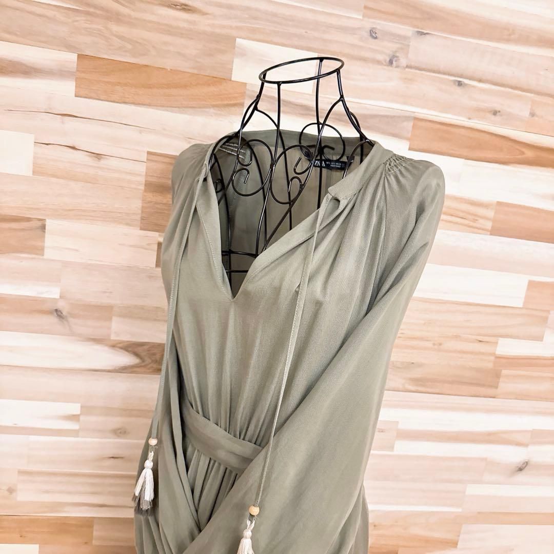 ザラ Vネック ロング ワンピース グラデーション タッセル リゾートSカーキ