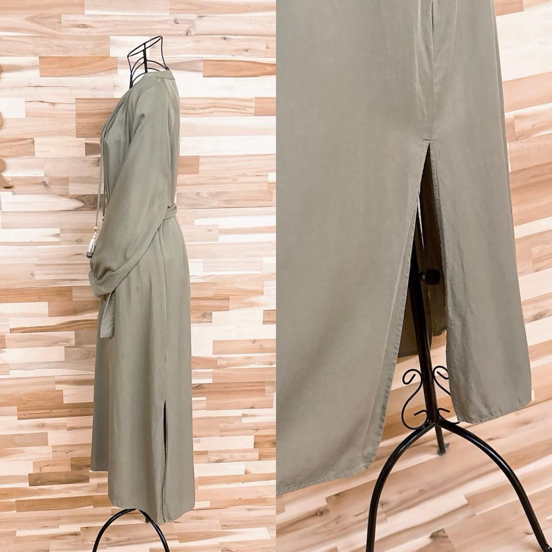  ザラ Vネック ロング ワンピース グラデーション タッセル リゾートSカーキ 長袖 七分袖 カットソーワンピース