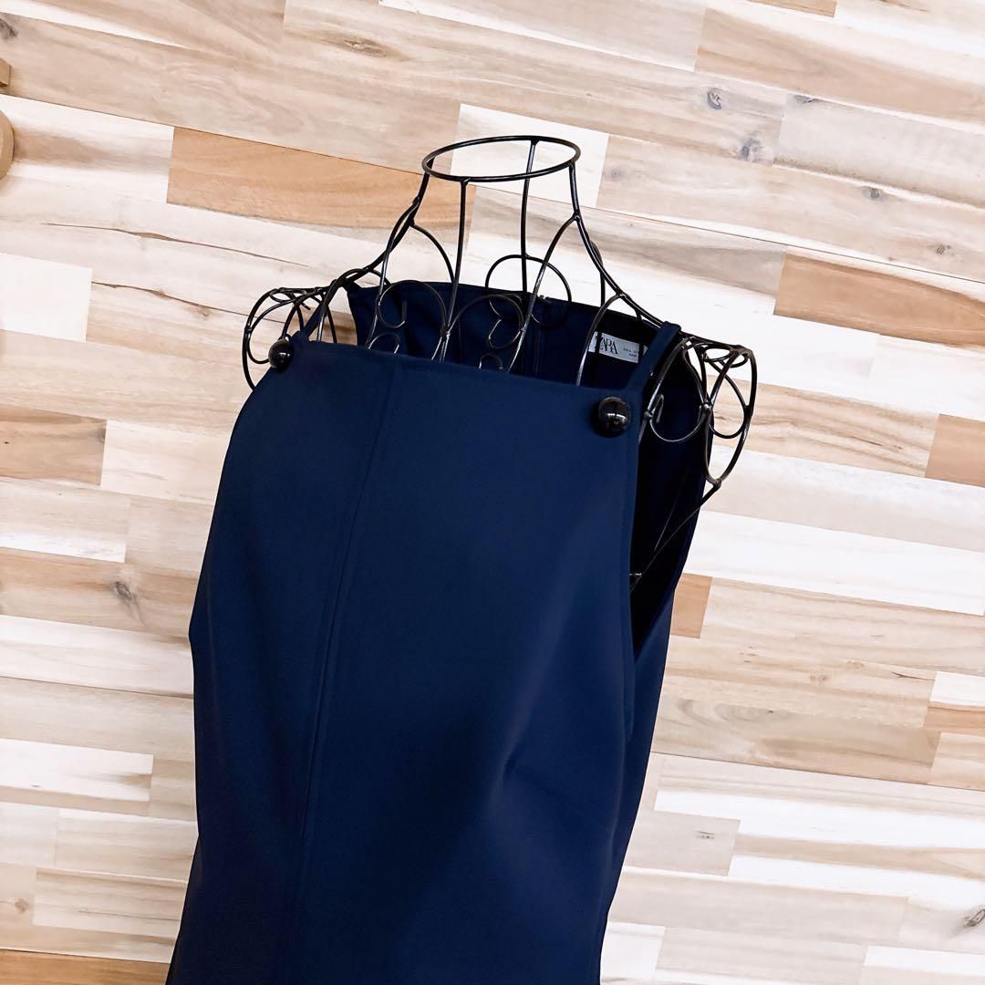 ザラ ミニ キャミ ワンピース 飾りボタン レイヤード L 紺ネイビー×黒