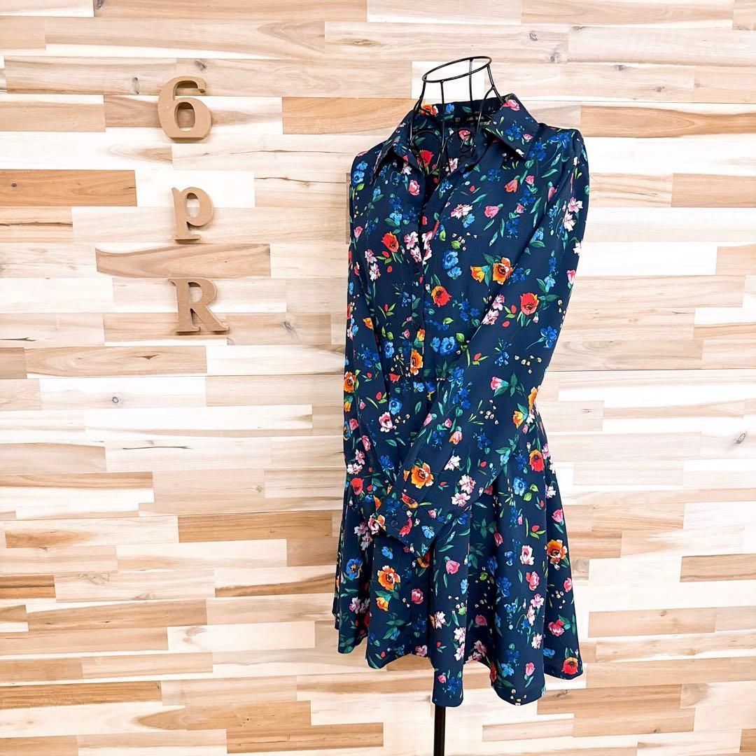 ザラ オープン フラワー花柄 ミニ シャツ ワンピース 総柄 M 紺 緑