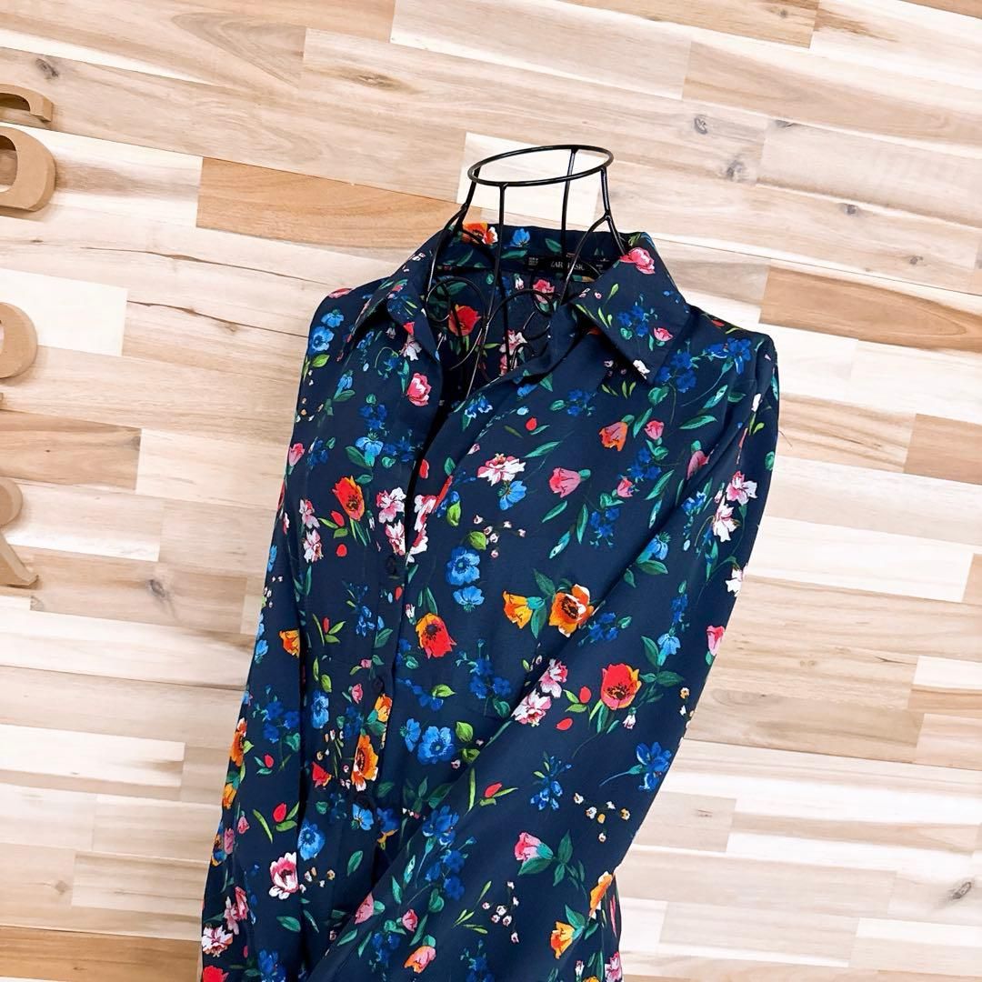 ザラ オープン フラワー花柄 ミニ シャツ ワンピース 総柄 M 紺×緑