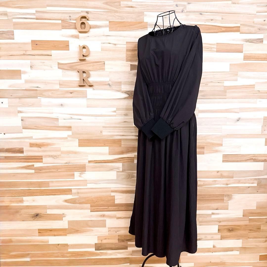 ザラ ライト マテリアル シャーリング ロング ワンピース リブ袖 S 黒