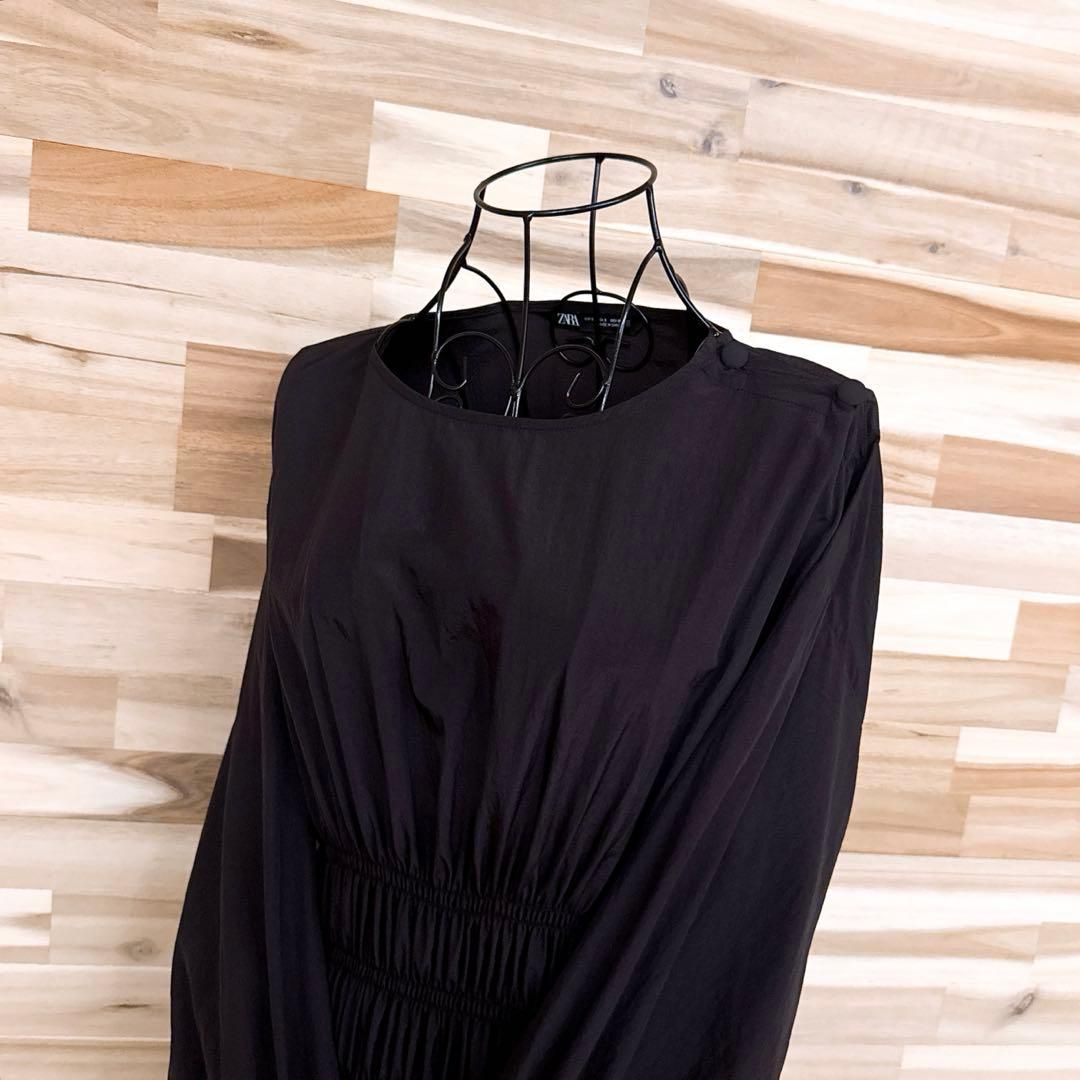 ザラ ライト マテリアル シャーリング ロング ワンピース リブ袖 S 黒