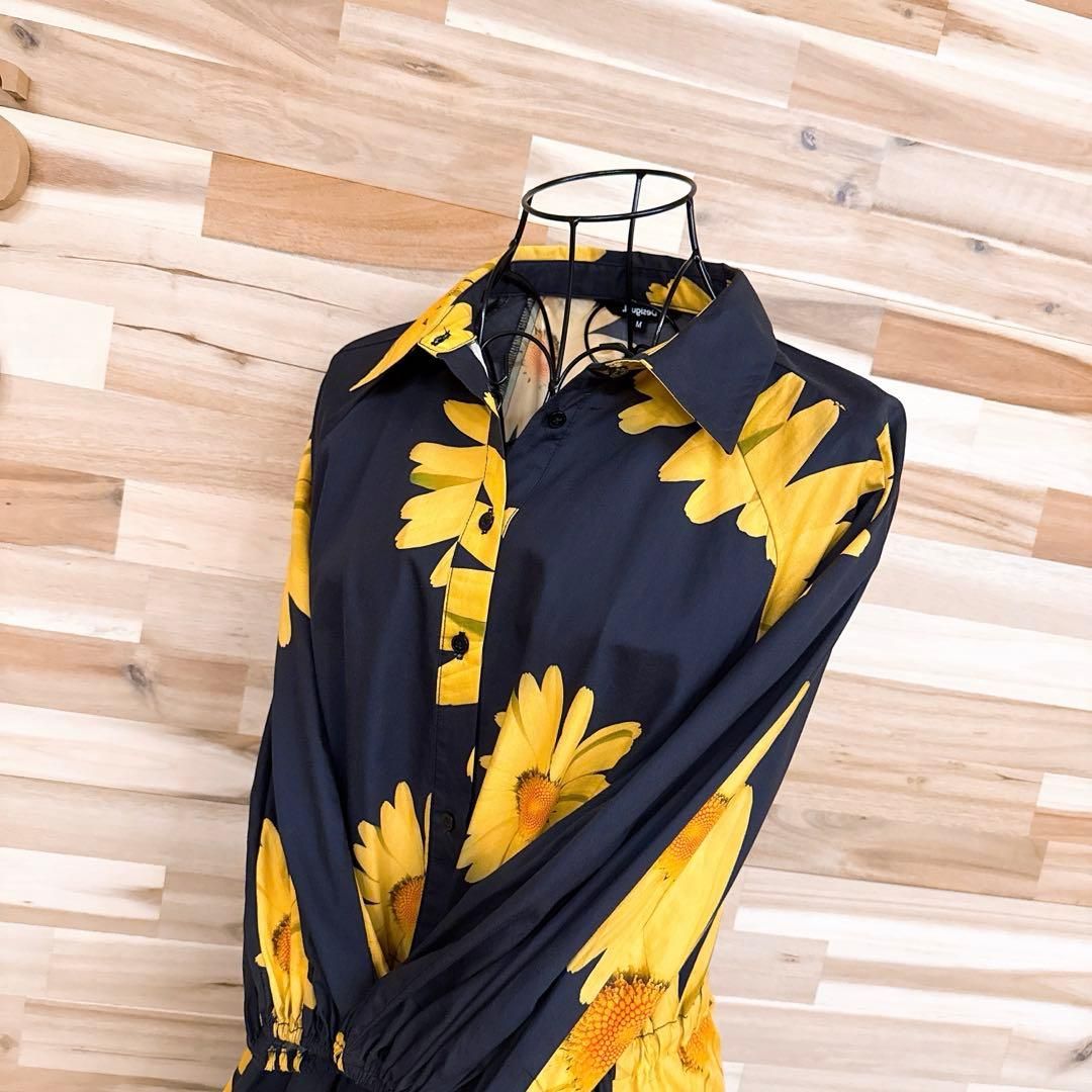 デシグアル マーガレット 大輪 花柄 シャツ ミニ ワンピース M 黒×黄