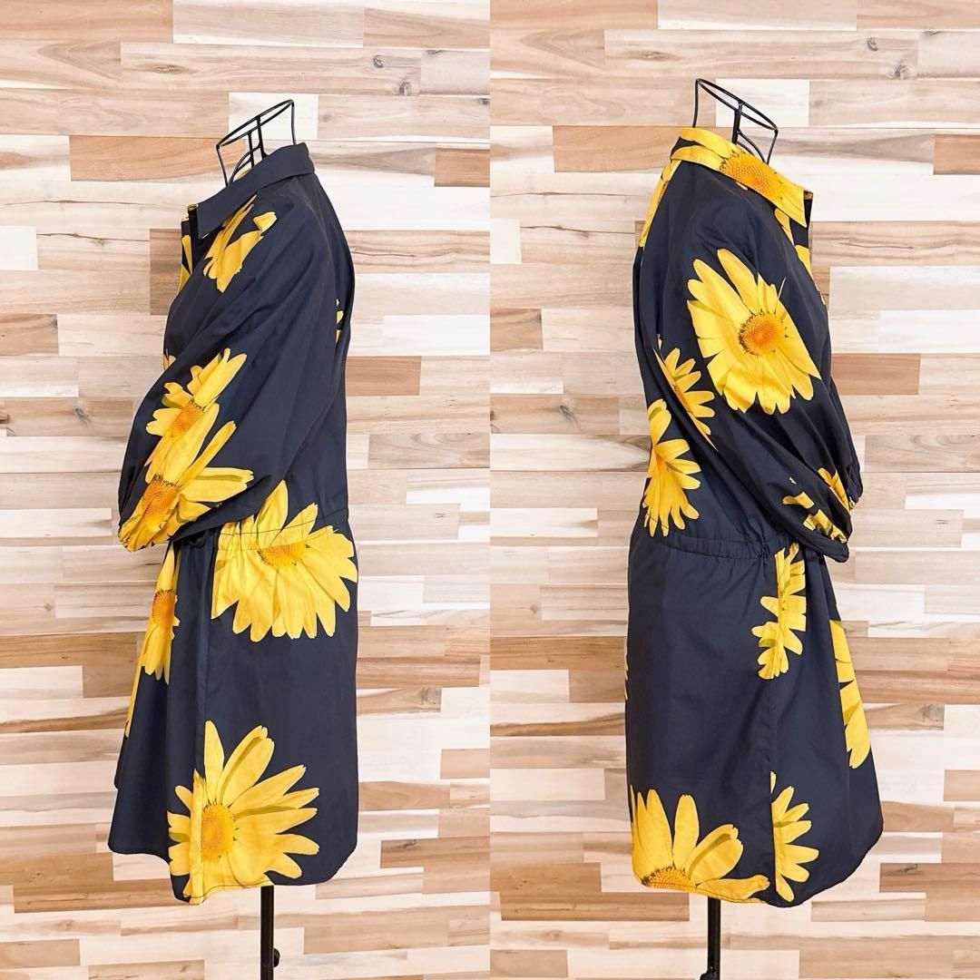  デシグアル マーガレット 大輪 花柄 シャツ ミニ ワンピース M 黒×黄 長袖 七分袖 ひざ丈ワンピース