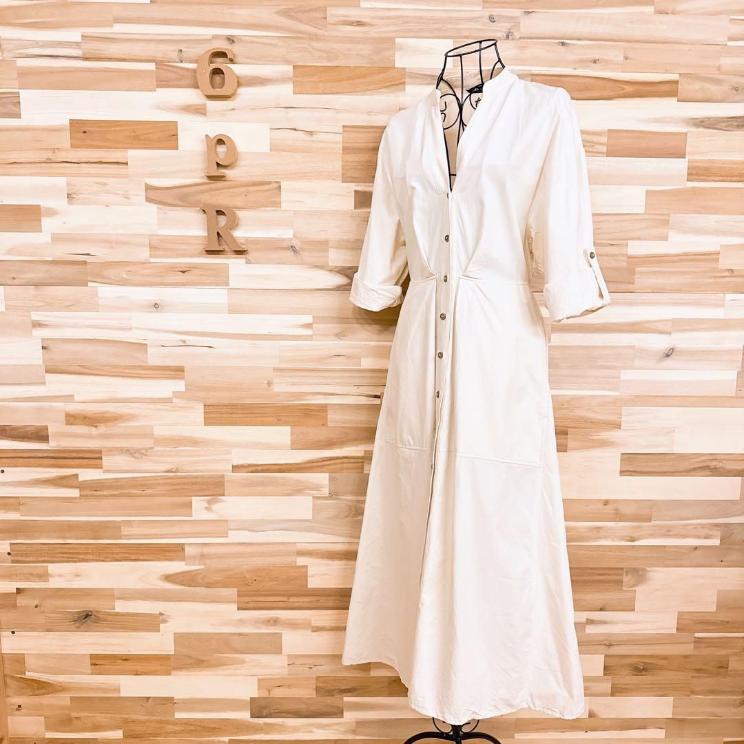 ザラ コットン 七分丈ロールアップ ロング ワンピース XSアイボリー