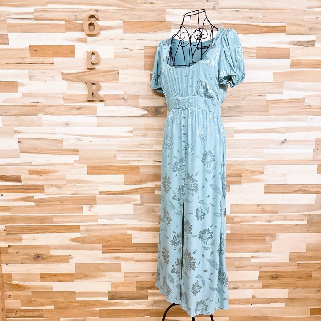 ザラ 花柄 ジャカード織 ロング ドレス ワンピース スリット M 緑