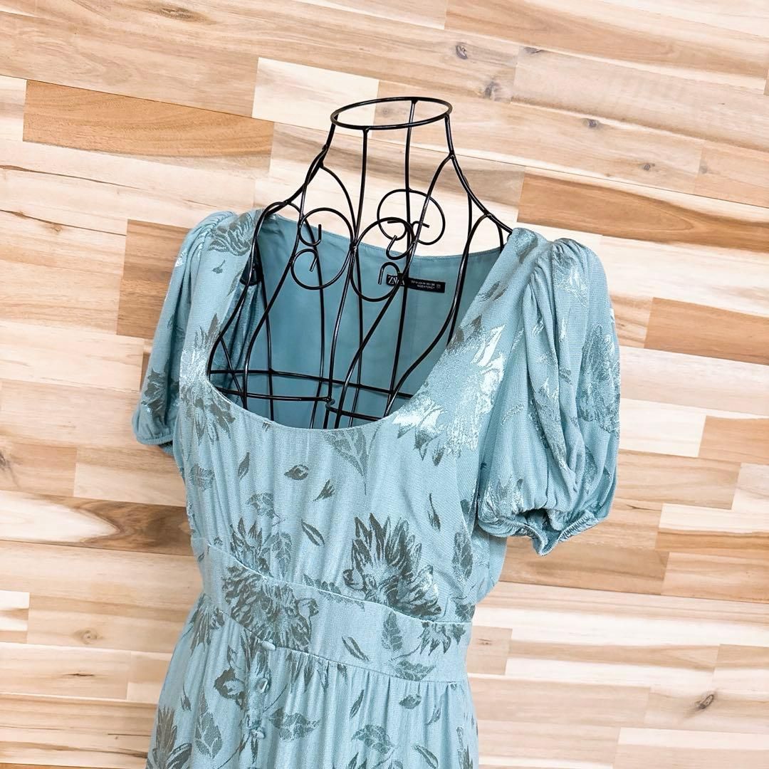 ザラ 花柄 ジャカード織 ロング ドレス ワンピース スリット M 緑