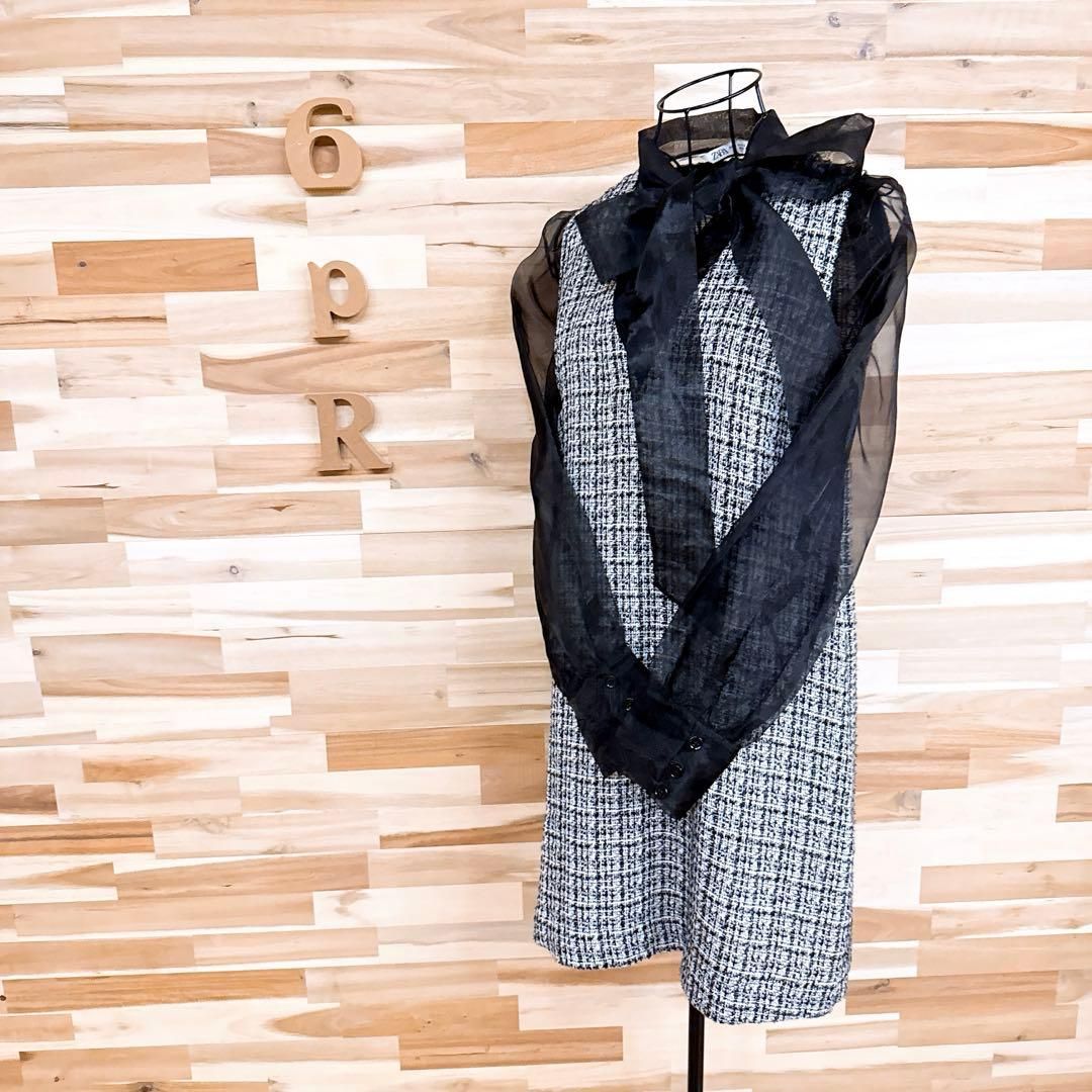 ザラ タイ付き ツイード×オーガンジー ドッキング ワンピース XS 黒×白