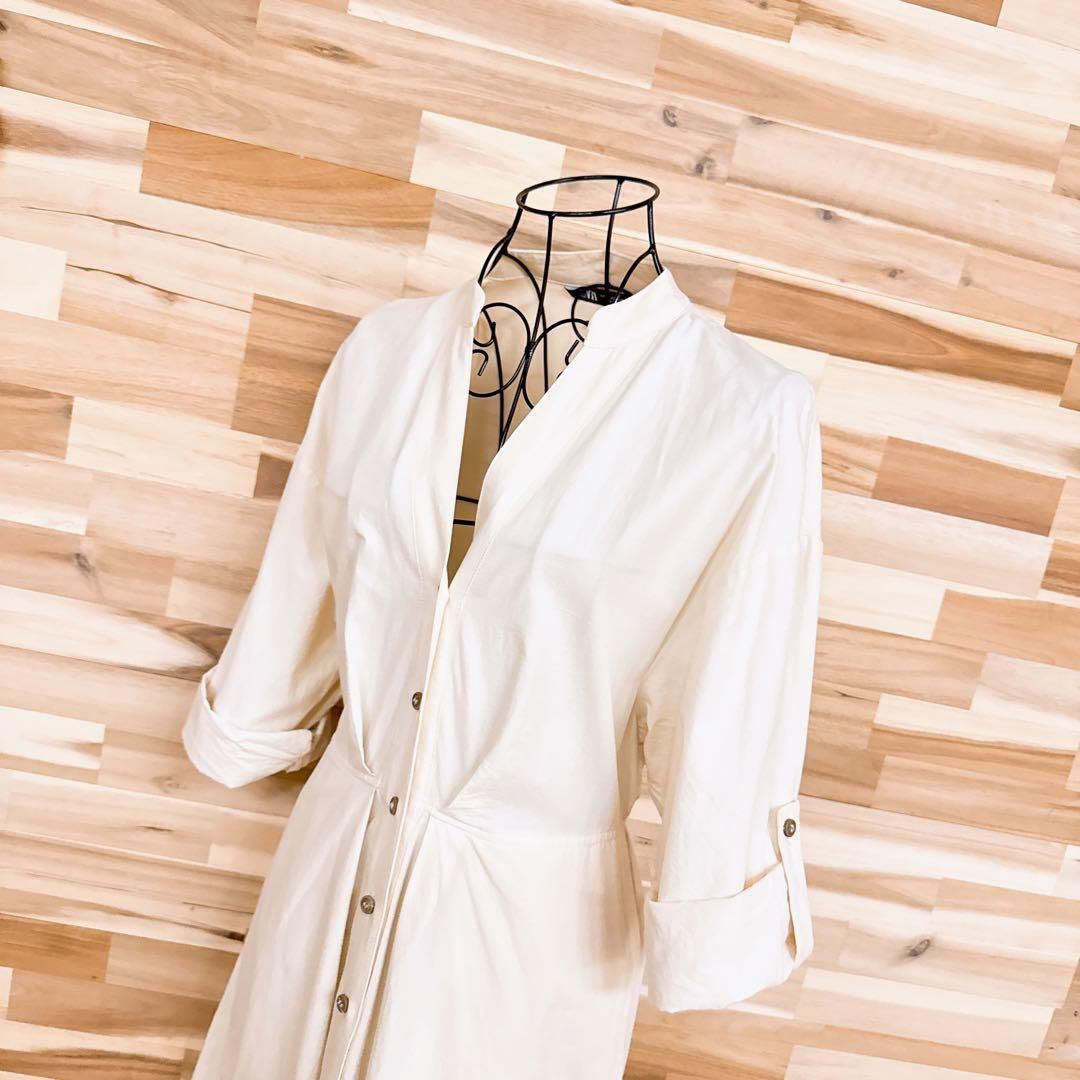 ザラ コットン 七分丈ロールアップ ロング ワンピース XSアイボリー