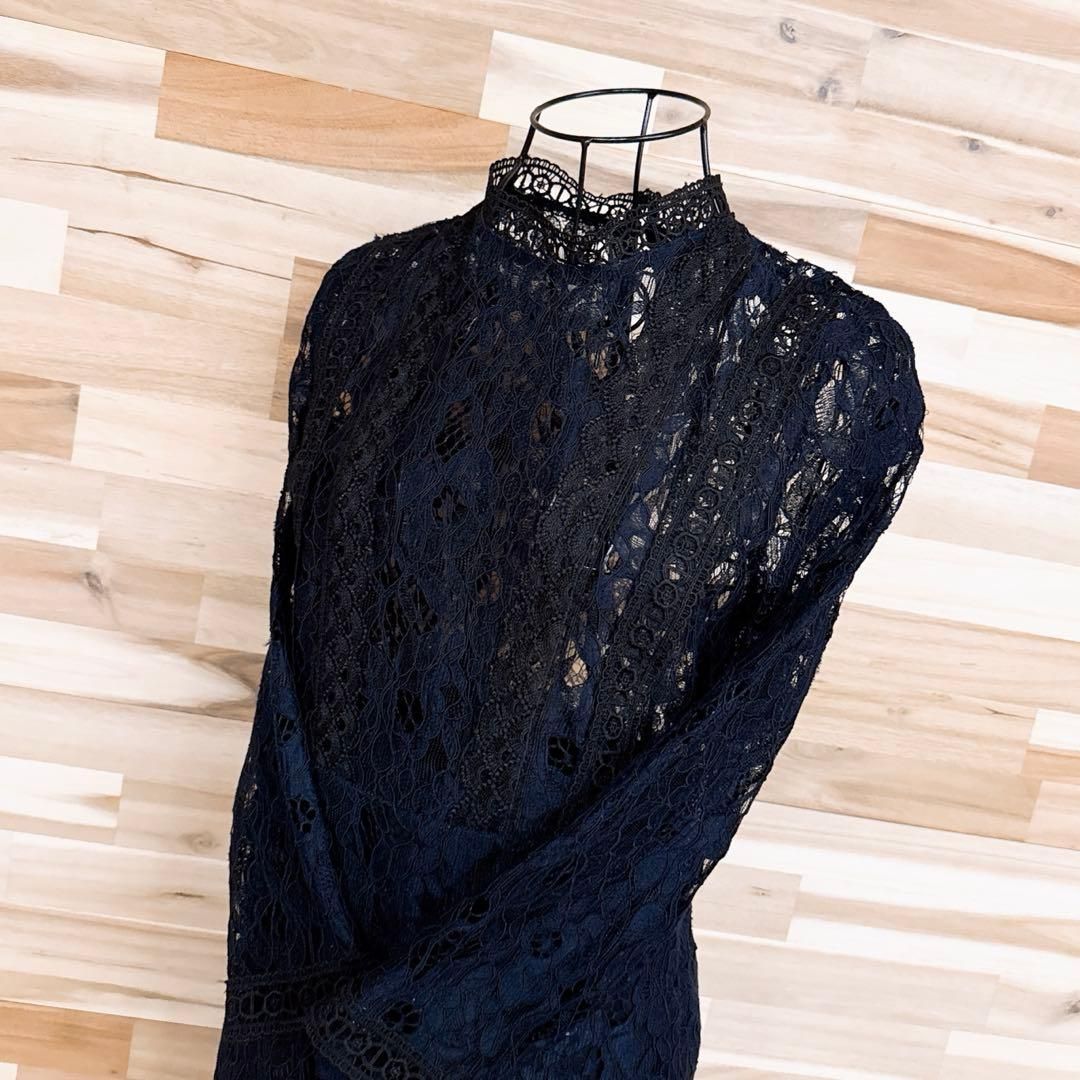 ザラ 透け感シースルー 花柄 刺繍 総レース ドレス ワンピース M 紺×黒