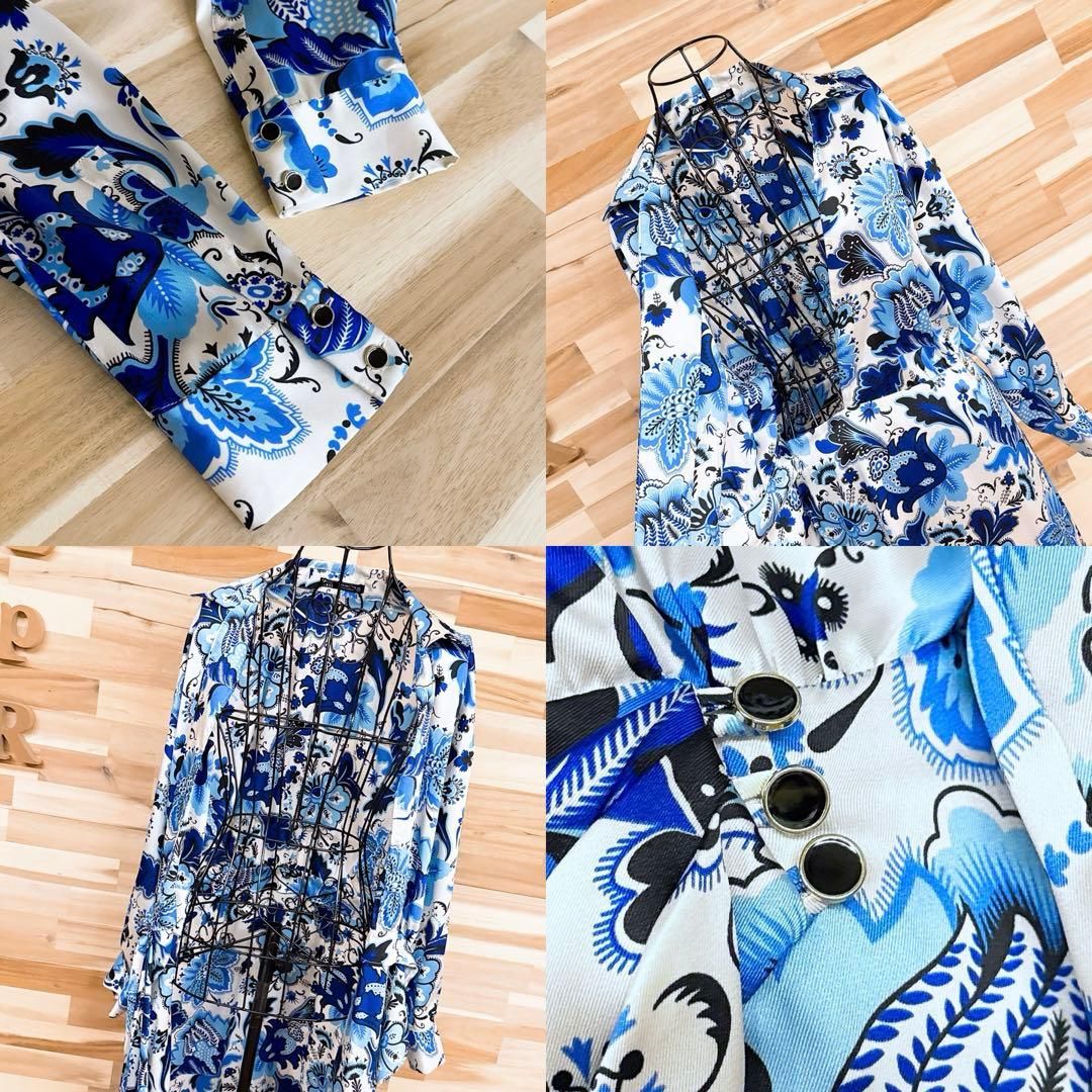  ザラ サテン ボタニカル 花 ラップ巻き ロング ワンピース 総柄 S 青×白 長袖 七分袖 カットソーワンピース