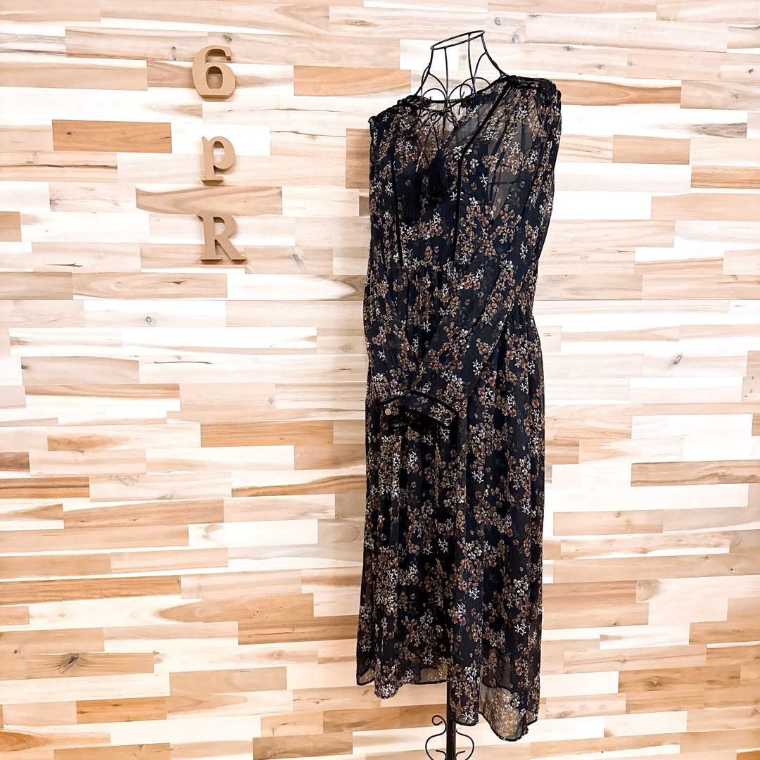 ザラ レトロ 透け感 シフォン ロング ワンピース 小花 花柄 タッセル L黒