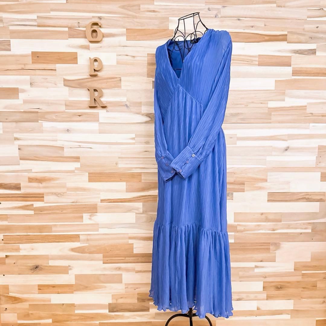 ザラ Vネック クリンクル ニュアンス ロング ドレス ワンピース XS青×紫