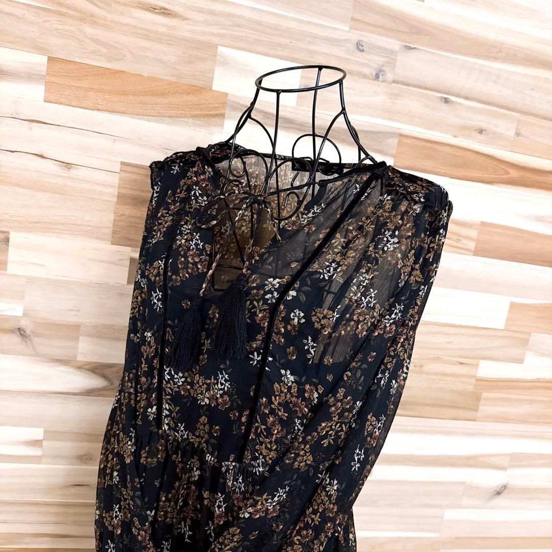 ザラ レトロ 透け感 シフォン ロング ワンピース 小花 花柄 タッセル L黒