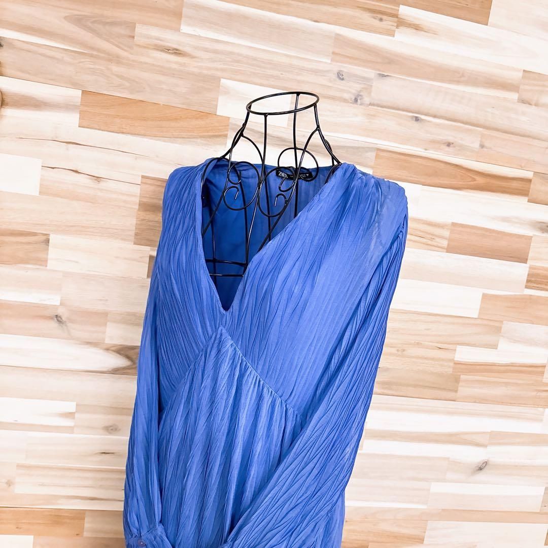 ザラ Vネック クリンクル ニュアンス ロング ドレス ワンピース XS青×紫