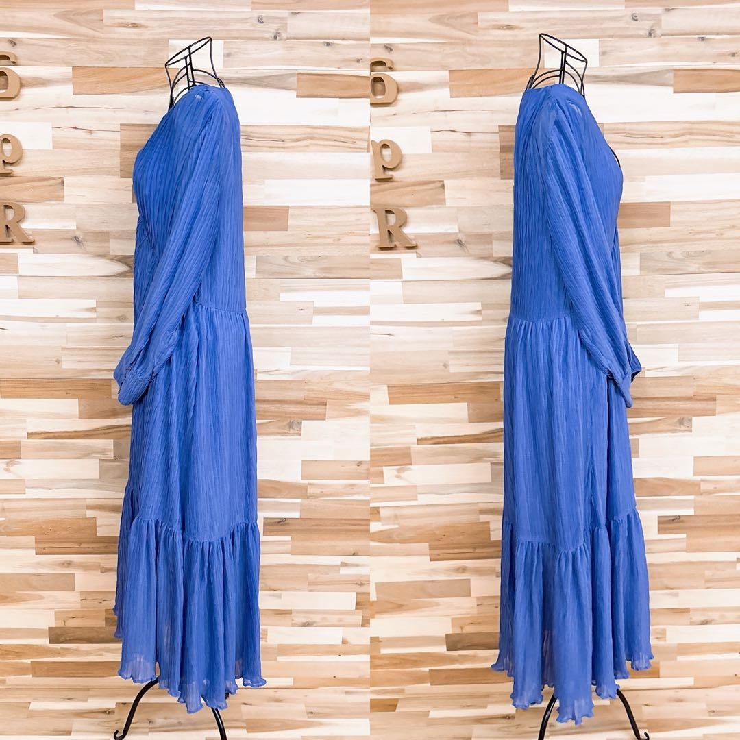 ザラ】Vネック クリンクル ニュアンス ロング ドレス ワンピース XS青