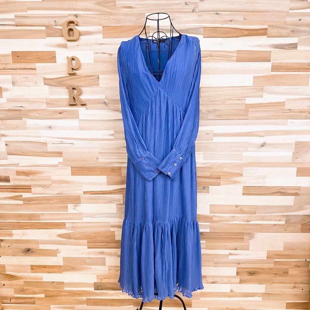 ザラ】Vネック クリンクル ニュアンス ロング ドレス ワンピース XS青