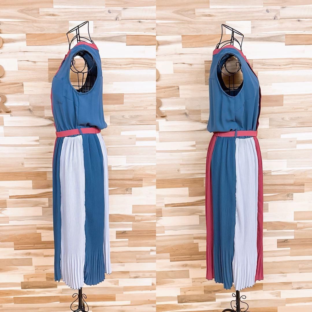  レディアゼル 配色パターン ロング ノースリーブ ワンピース プリーツ S 青 ノースリーブ カットソーワンピース