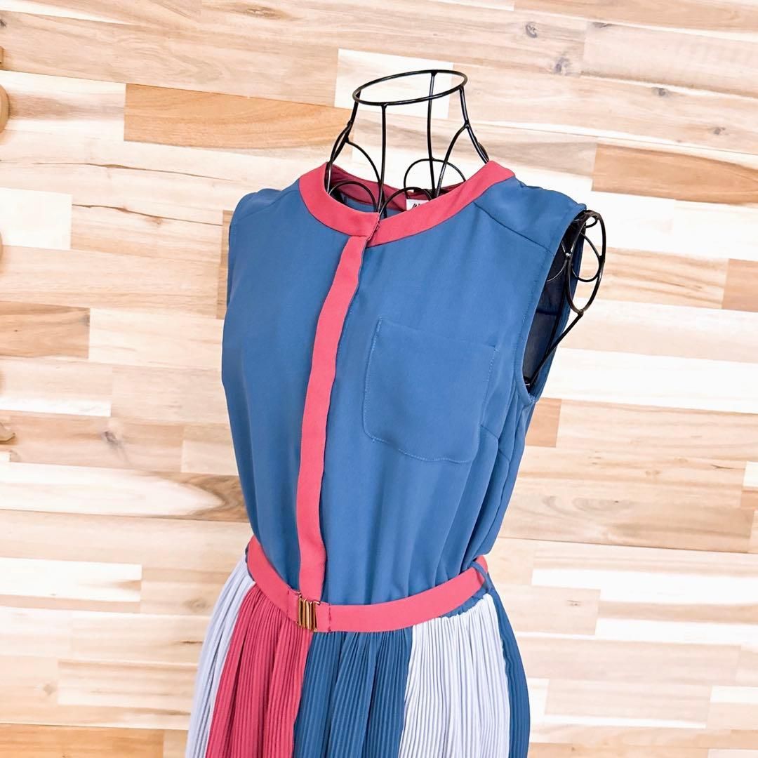 レディアゼル 配色パターン ロング ノースリーブ ワンピース プリーツ S 青