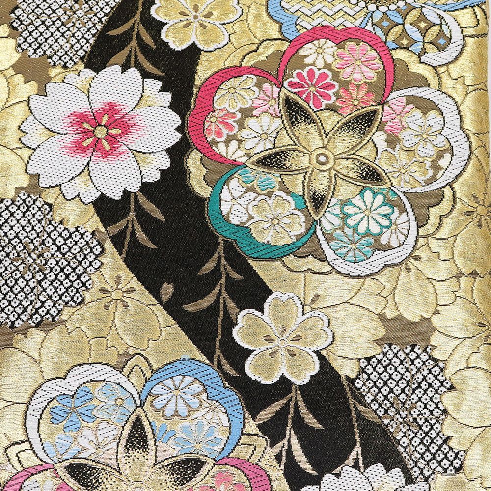 【振袖・袋帯セット】正絹　振袖　箔柄　流水に花柄　帯セット Kisste 袋帯 振袖用 帯 成人式 ホワイト ゴールド 流水 菊 西陣織 酒井