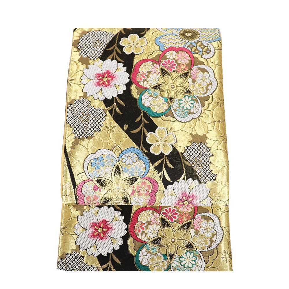 本日の特売品 ／ 振袖用 袋帯 正絹 黒 金 桜 流水 Lサイズ F8448 美品