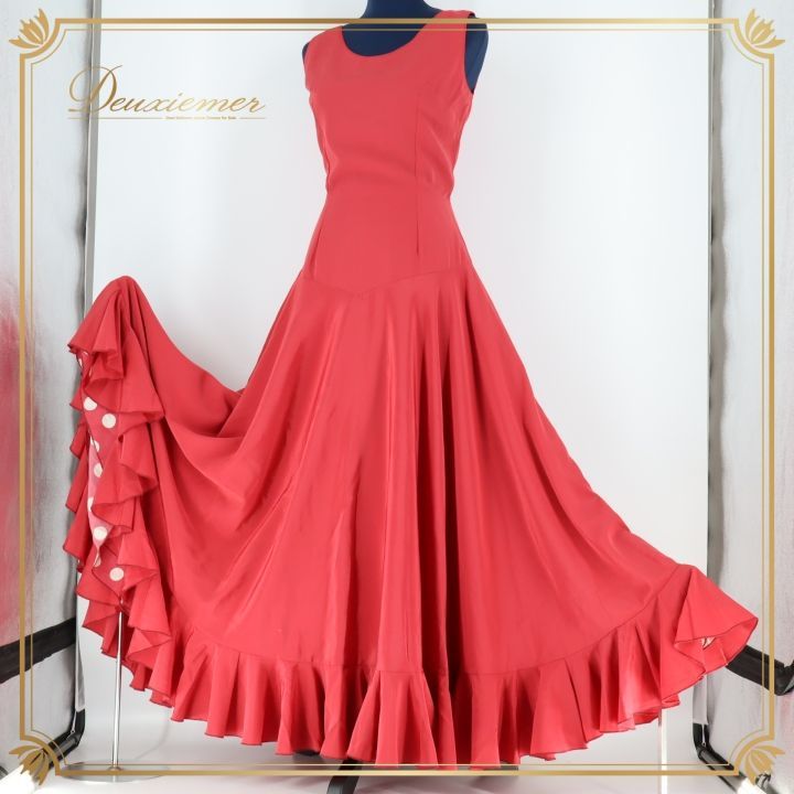 フラメンコ衣装 ワンピースとシージョ 5段フリル 長袖テープ付き