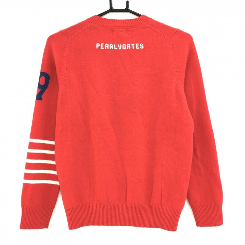 パーリーゲイツ セーター レッド×白 袖ライン カシミヤ100％ ニット レディース 1 M ゴルフウェア PEARLY GATES
