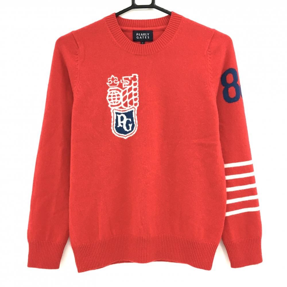 パーリーゲイツ セーター レッド×白 袖ライン カシミヤ100% ニット レディース 1 M ゴルフウェア PEARLY GATES