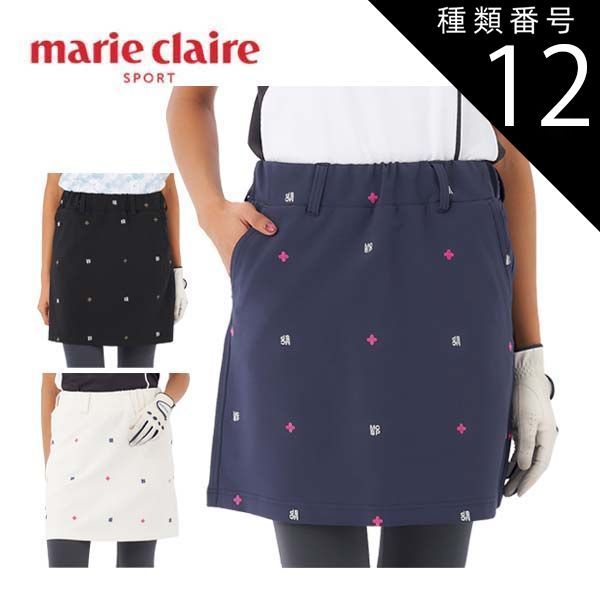 種類12：ホワイト(WT)/M マリクレール 飛び柄ロゴ刺繍 スカート ＋ レギンス ゴルフウェア レディース M-3L 714-301 