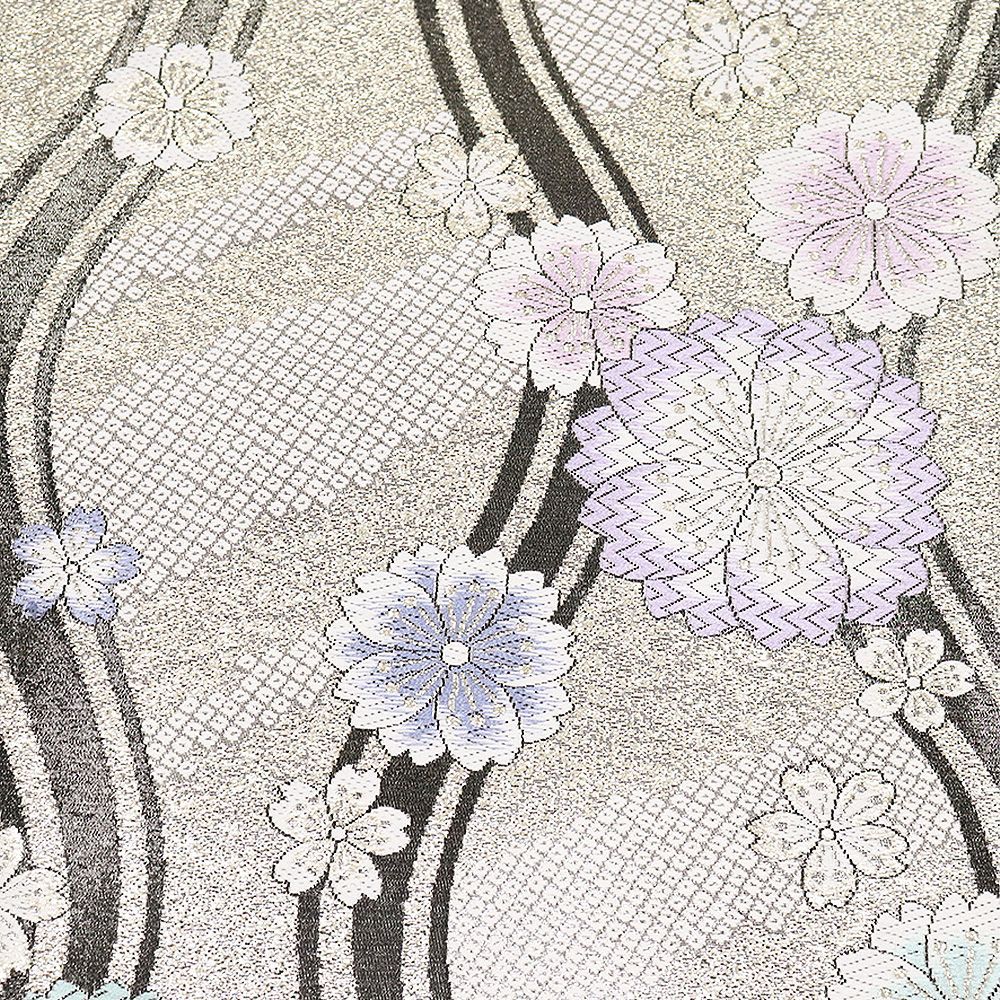 本日の特売品 ／ 振袖用 袋帯 正絹 金 銀 黒 桜 立涌文 Mサイズ F8455