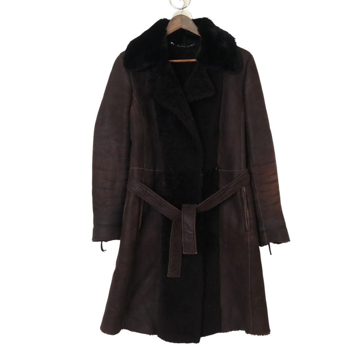 白タグ MaxMara マックスマーラ ムートンコート 42 ブラウン リアルファー ベルト ロング丈 マキシ丈 羊毛