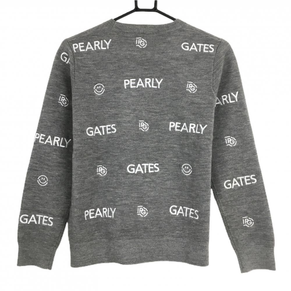 パーリーゲイツ セーター グレー×白 ロゴ総柄 ニコちゃん スマイル ニット ウール混 レディース 1 M ゴルフウェア PEARLY GATES
