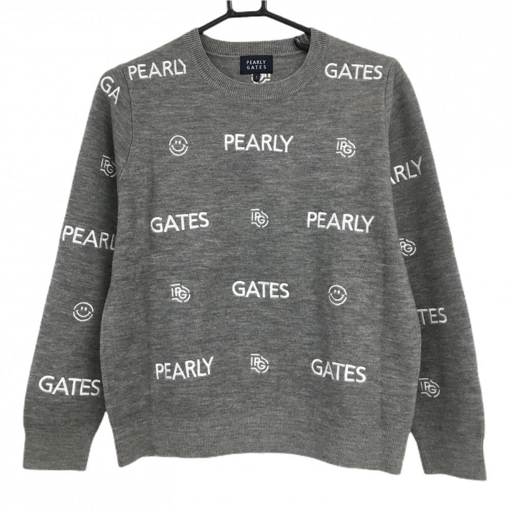 パーリーゲイツ セーター グレー×白 ロゴ総柄 ニコちゃん スマイル ニット ウール混 レディース 1 M ゴルフウェア PEARLY GATES