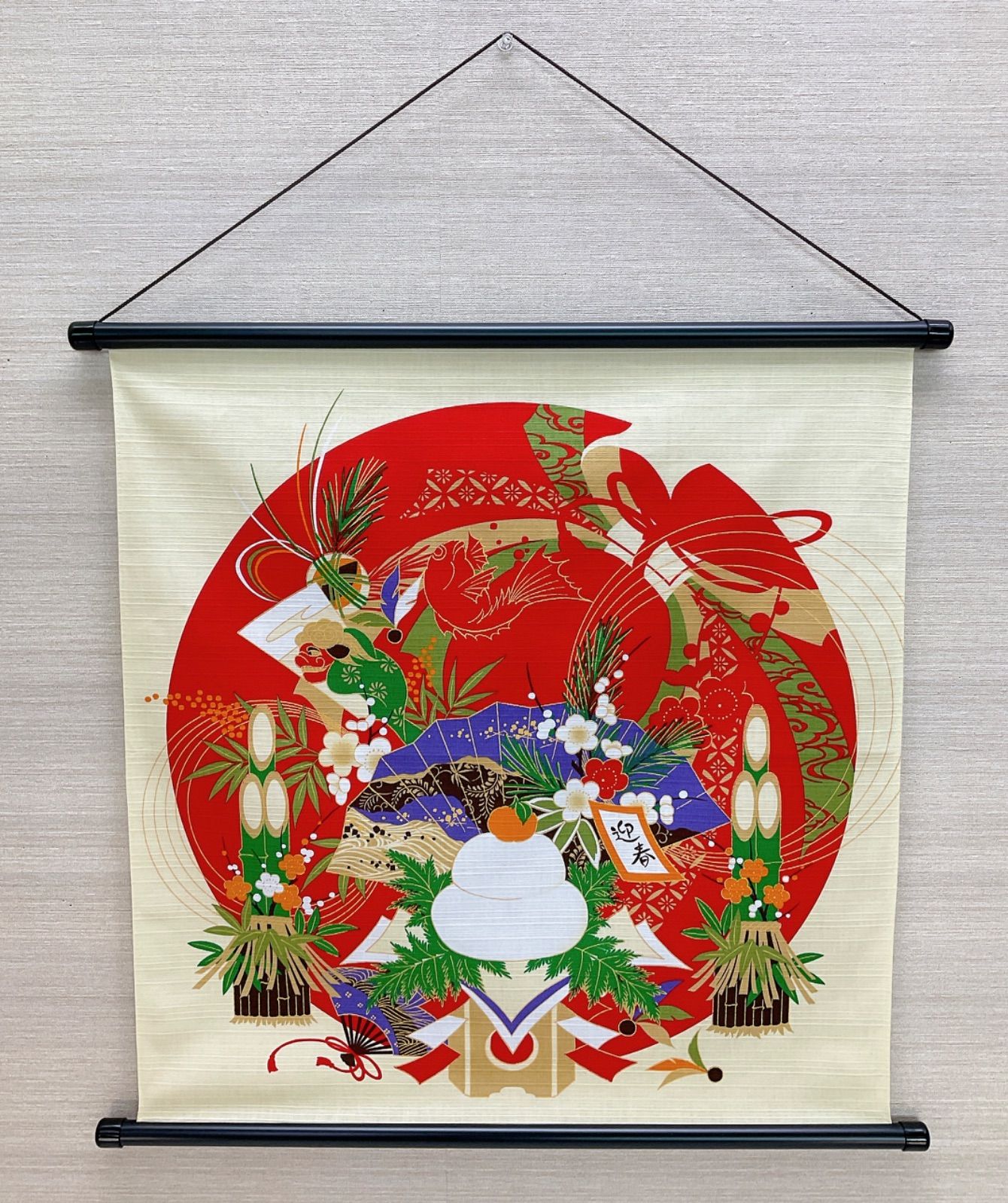 四季彩布タペストリー【お正月 鏡餅】軸付きタペストリー お正月壁飾り