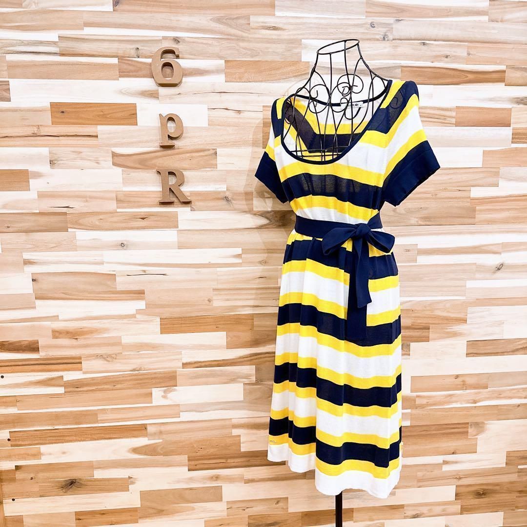 ラコステ サマー ニット ロング ワンピース ボーダー ワニ ロゴ L 黄×紺