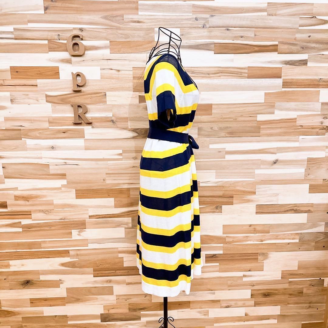  ラコステ サマー ニット ロング ワンピース ボーダー ワニ ロゴ L 黄×紺 半袖 カットソーワンピース