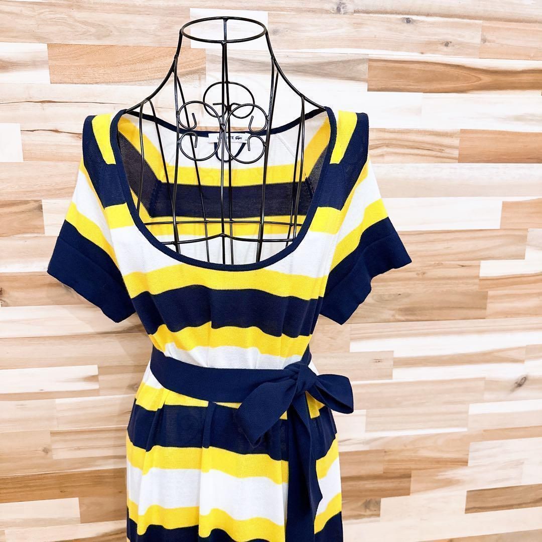 ラコステ サマー ニット ロング ワンピース ボーダー ワニ ロゴ L 黄×紺
