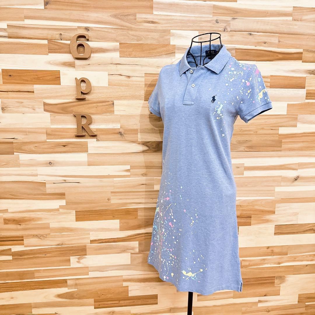 ポロラルフローレン ペイント アート ポロシャツ ワンピース XS 水色×白