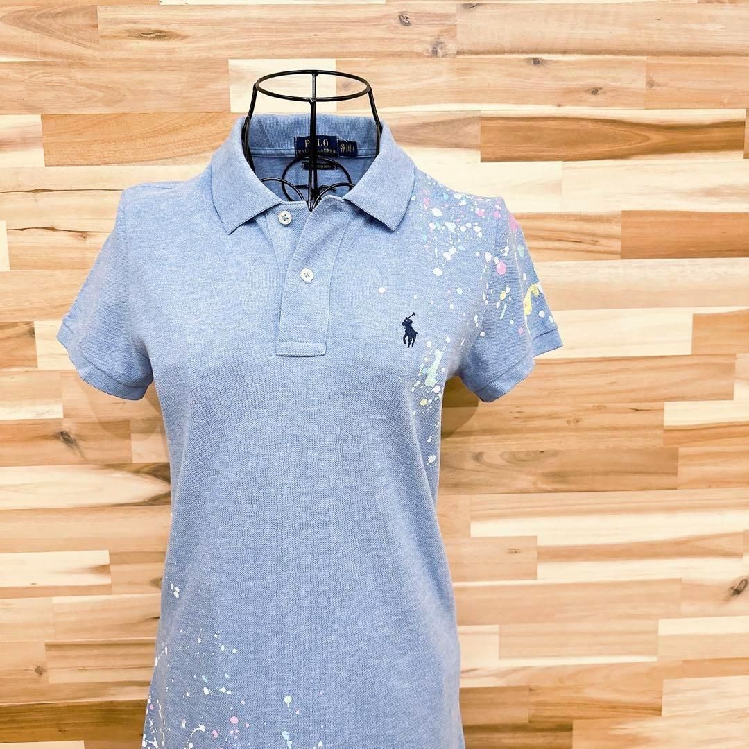 ポロラルフローレン ペイント アート ポロシャツ ワンピース XS 水色×白