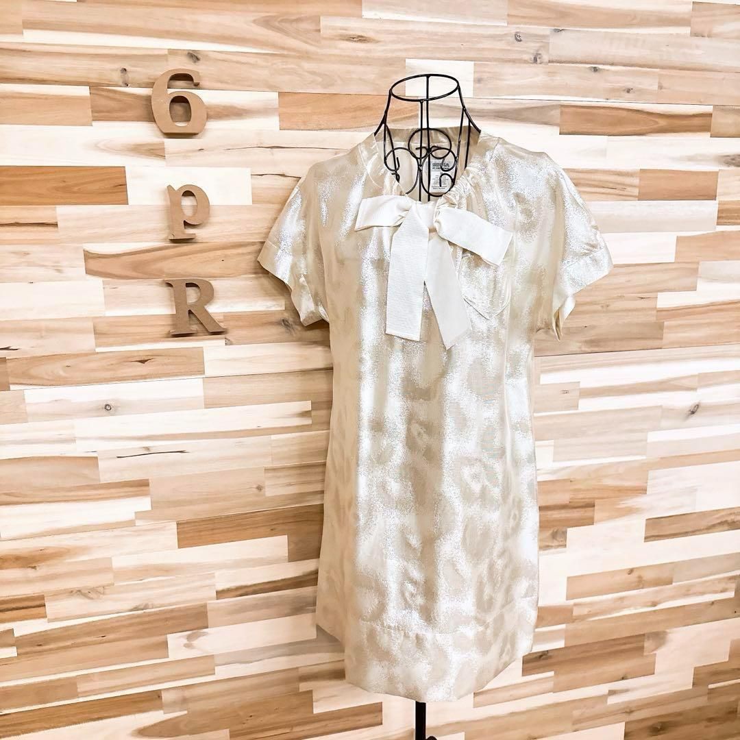 ソニアリキエル シルク ラメ糸 アニマル柄ワンピース リボン アイボリー