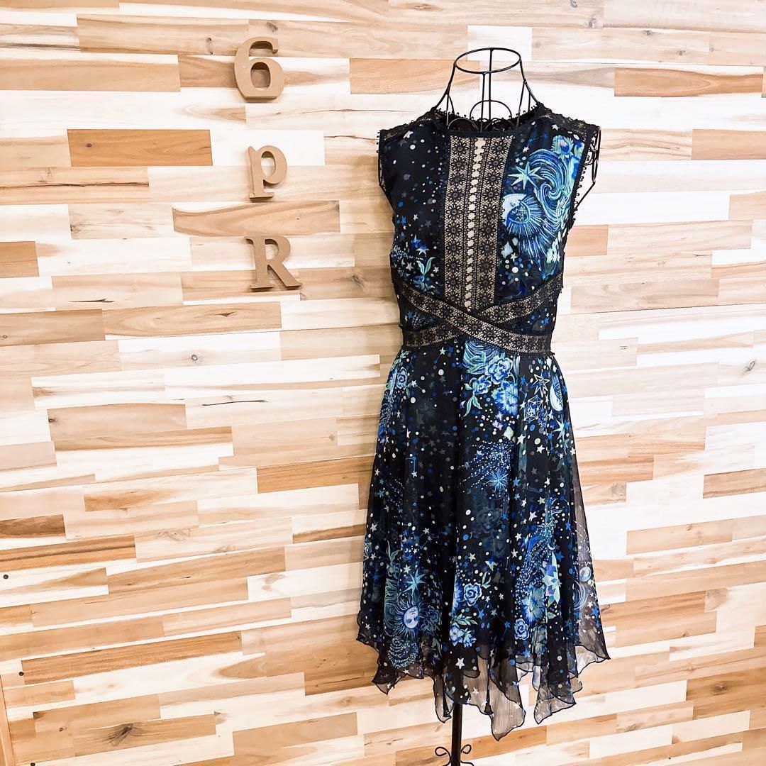 タダシショージ シフォン 花レース 星 ロング ドレス ワンピース 黒×青