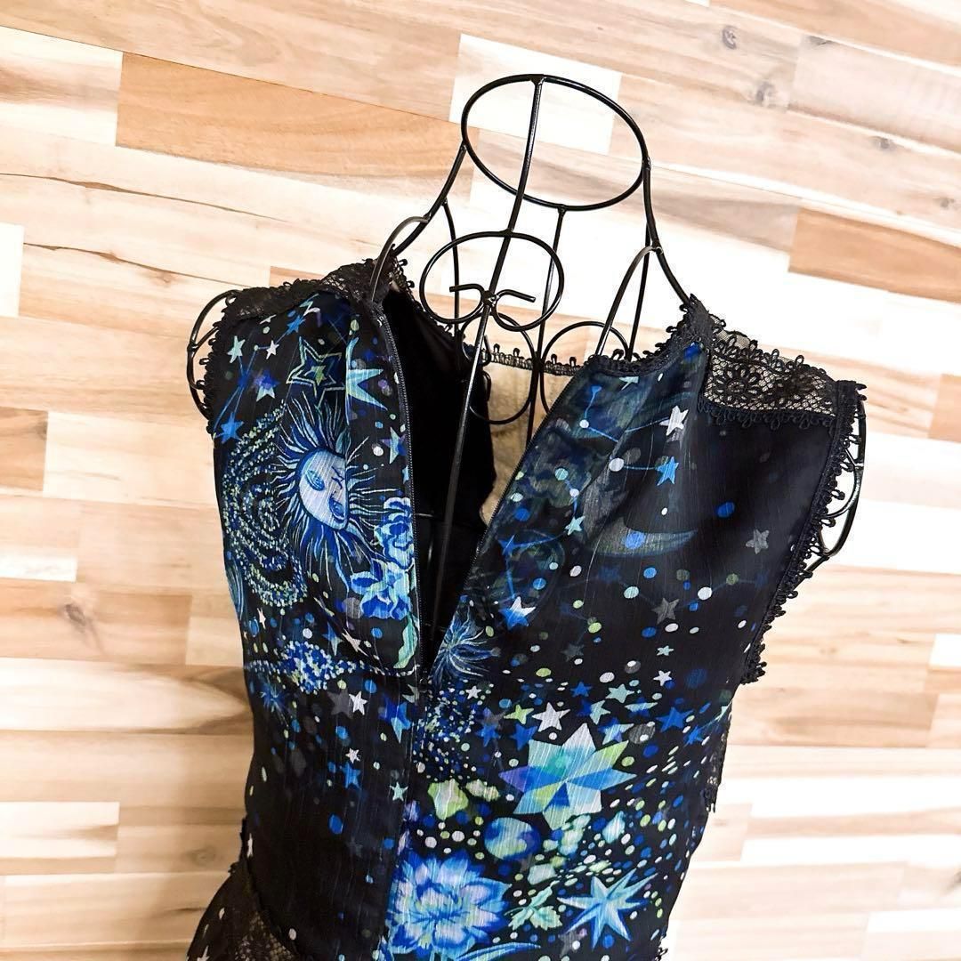  タダシショージ シフォン 花レース 星 ロング ドレス ワンピース 黒×青 ノースリーブ その他