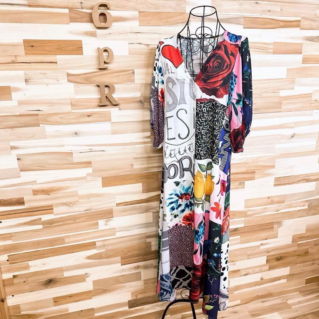 デシグアル パッチワーク 総柄 ロング シャツ ワンピース M カラフル×白