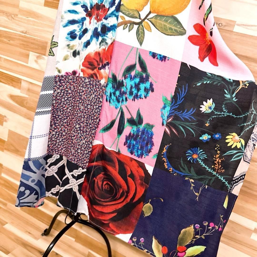  デシグアル パッチワーク 総柄 ロング シャツ ワンピース M カラフル×白 半袖 カットソーワンピース